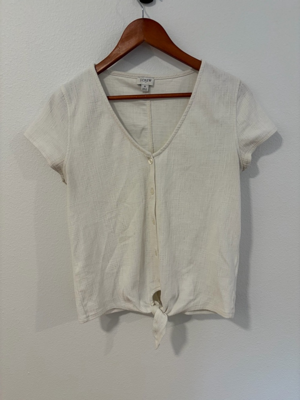 J. Crew Cream Button-Front Short Sleeve Tie-Front Crop Top